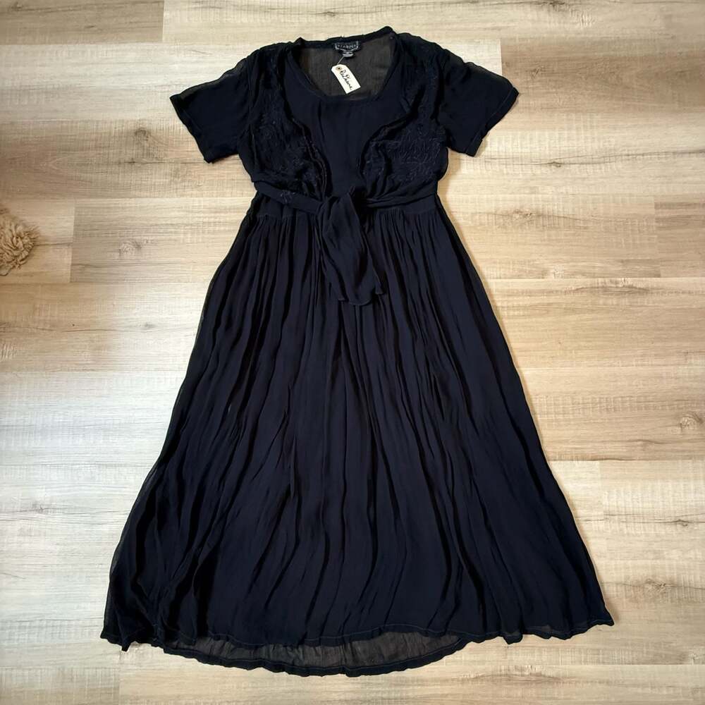 Vintage Starina Black Floral Embroidered Tie-Front Dress Size S